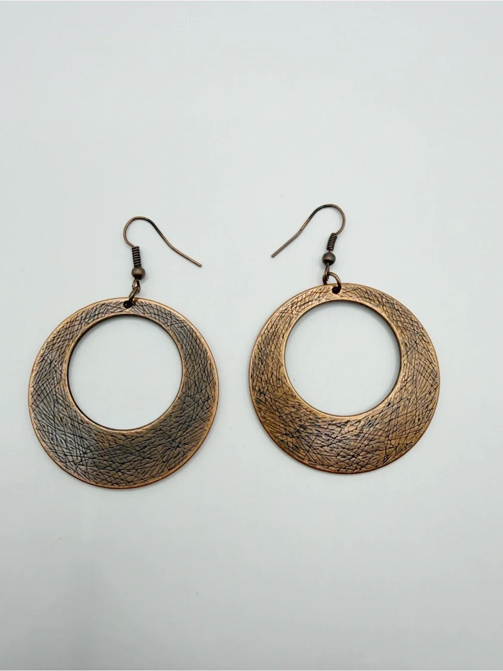 Antique Textured Crescent Hoop Earrings | Rustic Brushed Metal Dangle Earrings